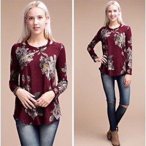 Boho Burgundy Floral Cutout Tunic Top S
